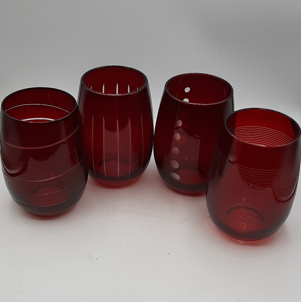 Set of Four Red Glass Cheers Ruby Mikasa Stemless Etched Wine Glasses 4 7/8 Tall